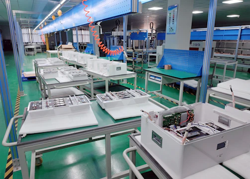 High-tech offshore manufacturing facility with assembly lines in action.